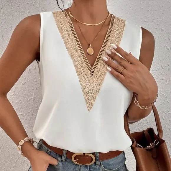 New Guipure Lace Panel sleeveless Blouse Top Ivory White - Picture 2 of 7